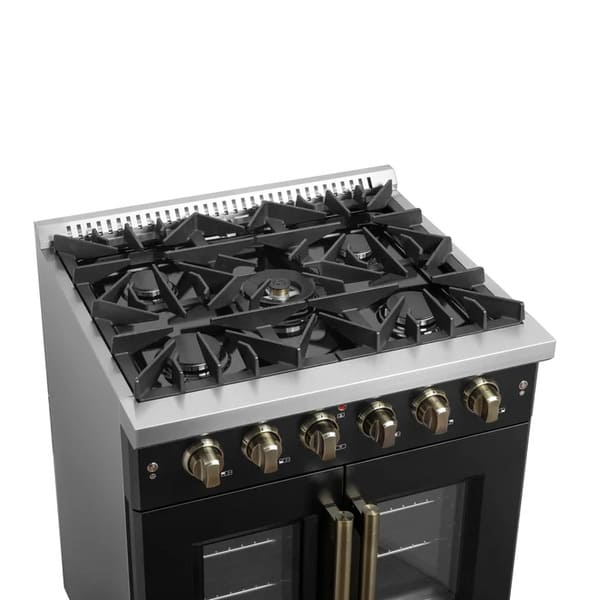 Left-angled view of the cooktop on the FORNO Galiano 30-Inch French Door Gas Range in black, highlighting four brass burners, continuous cast iron grates, and a matte black surface for a modern kitchen aesthetic.
