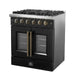 Right-angled view of the FORNO Galiano 30-Inch French Door Gas Range in black, featuring four sealed burners, matte black finish, and dual-opening oven doors with stainless steel handles for a modern, professional look.