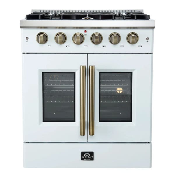 Front view of the FORNO Galiano 30-Inch French Door Gas Range in white, featuring a clean matte finish, four brass burners, and twin oven doors with stainless steel handles for a professional look.