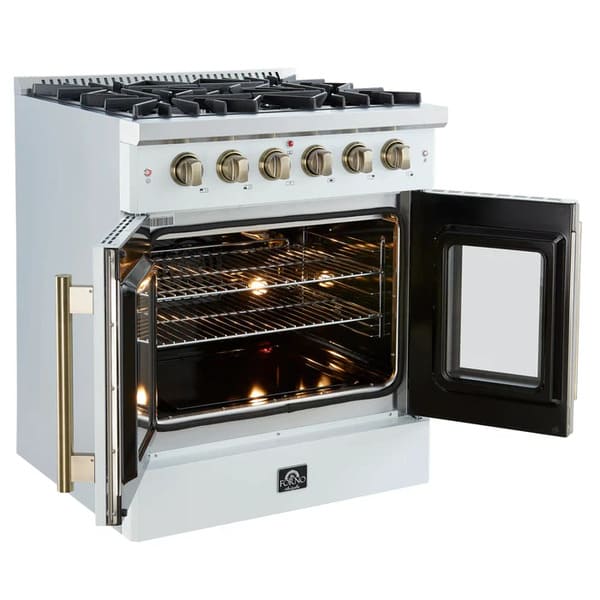 Left-angled view of the FORNO Galiano 30-Inch French Door Gas Range in white with both oven doors open, revealing a blue enamel interior, convection fan, and heavy-duty oven racks for flexible cooking.
