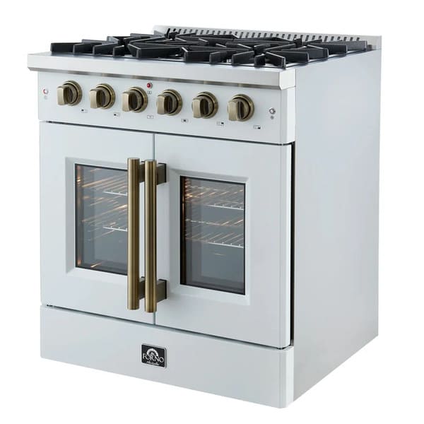 Right-angled view of the FORNO Galiano 30-Inch French Door Gas Range in white, highlighting the matte white finish, four brass burners, and dual French-style oven doors with stainless steel handles.