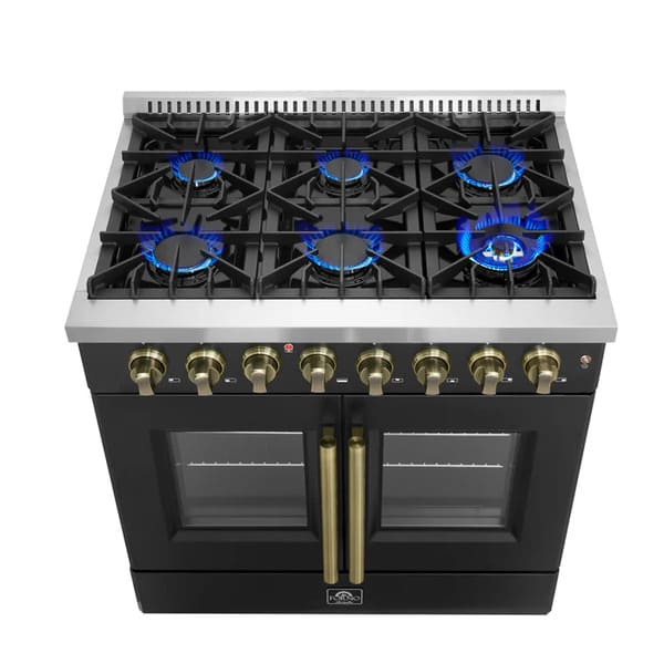 Top-down front view of the FORNO Galiano 36-Inch Dual Fuel Range in black, featuring six sealed burners, continuous cast iron grates, and brass burner caps.