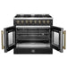 Front view of the FORNO Galiano 36-Inch Dual Fuel Range in black with both French oven doors open, highlighting the spacious interior and blue enamel finish.