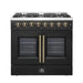 Front view of the FORNO Galiano 36-Inch French Door Dual Fuel Range in black, featuring six brass burners, double oven doors, and antique brass knobs on a sleek, professional design.