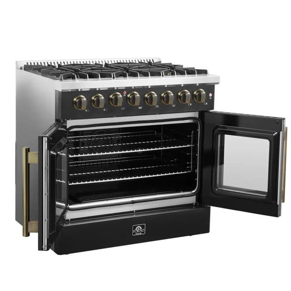 Left-angle view of the FORNO Galiano 36-Inch Dual Fuel Range in black with French oven doors open, revealing the spacious blue enamel interior and heavy-duty oven racks.