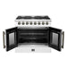 Front view of the FORNO Galiano 36-Inch French Door Dual Fuel Range in white with both oven doors open, revealing the spacious oven interior and multiple racks.
