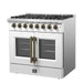 Right angled view of the FORNO Galiano 36-Inch French Door Dual Fuel Range in white, showcasing its sleek design, brass knobs, and dual fuel cooktop.