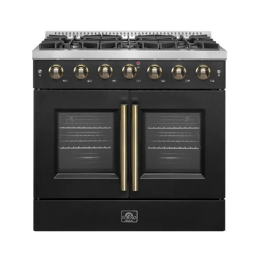 Front view of the FORNO Galiano 36-Inch French Door Gas Range in black, featuring six sealed burners, elegant French oven doors with window panes, and a modern matte black finish with brass accents.