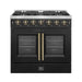 Front view of the FORNO Galiano 36-Inch French Door Gas Range in black, featuring six sealed burners, elegant French oven doors with window panes, and a modern matte black finish with brass accents.