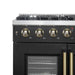 Close-up view of the control knobs on the FORNO Galiano 36-Inch French Door Gas Range in black, showcasing brass-accented bezels and illuminated indicators for precise burner and oven control.