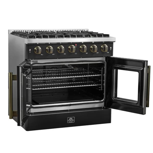 Left-angled view of the FORNO Galiano 36-Inch French Door Gas Range in black with both oven doors open, revealing a blue enamel interior, convection fan, and chrome oven racks for multi-level cooking.