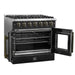Left-angled view of the FORNO Galiano 36-Inch French Door Gas Range in black with both oven doors open, revealing a blue enamel interior, convection fan, and chrome oven racks for multi-level cooking.
