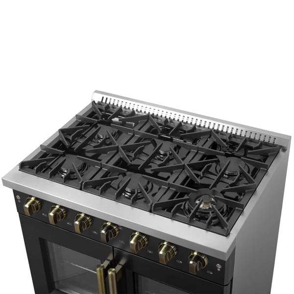 Right-angled view of the cooktop on the FORNO Galiano 36-Inch French Door Gas Range in black, featuring six Italian brass burners, continuous cast iron grates, and brass-accented control knobs.