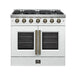 Front view of the FORNO Galiano 36-Inch French Door Gas Range in white, featuring six sealed burners, elegant French oven doors with window panes, and a modern matte black finish with brass accents.