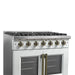 Left-angled close-up of the control panel on the FORNO Galiano 36-Inch French Door Gas Range in white, featuring illuminated brass-accented knobs and precise burner control settings.
