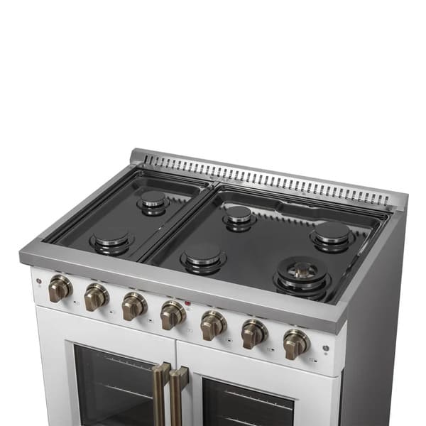 Right-angled view of the FORNO Galiano 36-Inch French Door Gas Range in white without cooktop grates, revealing six sealed brass burners and a smooth enamel surface for easy cleaning and maintenance.