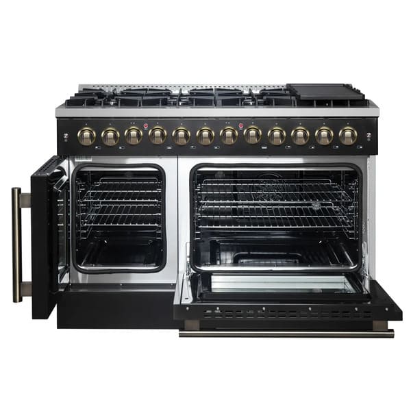FORNO Galiano 48-Inch French Door Dual Fuel Range with 8 Burners and 6.58 Cu. Ft. Electric Convection Oven in Black/White with Antique Brass Trim
