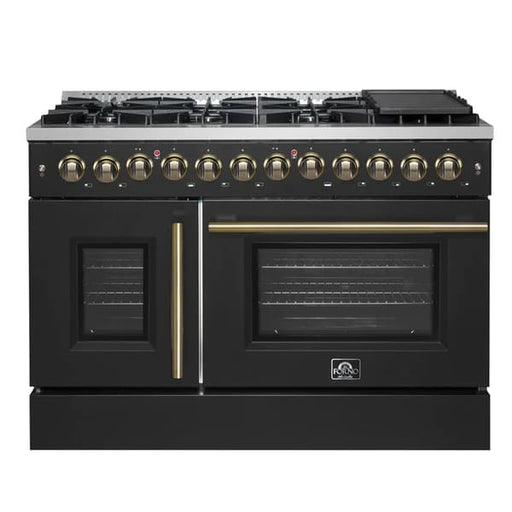 Front view of the FORNO Galiano 48-Inch French Door Dual Fuel Range in Black, showcasing its elegant French doors, brass-accented knobs, and spacious stainless-steel cooktop.