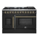 Front view of the FORNO Galiano 48-Inch French Door Dual Fuel Range in Black, showcasing its elegant French doors, brass-accented knobs, and spacious stainless-steel cooktop.