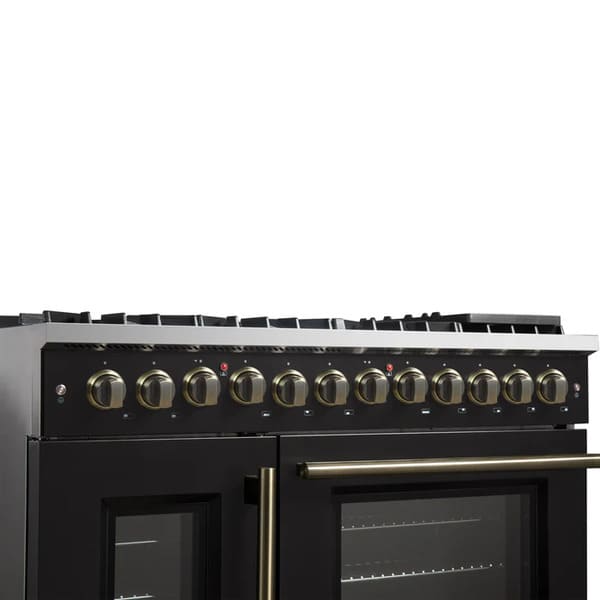 FORNO Galiano 48-Inch French Door Dual Fuel Range with 8 Burners and 6.58 Cu. Ft. Electric Convection Oven in Black/White with Antique Brass Trim