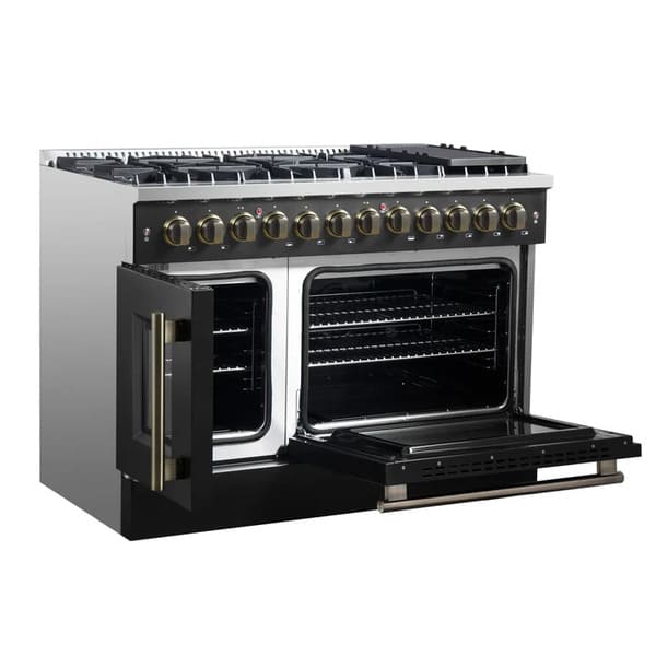 FORNO Galiano 48-Inch French Door Dual Fuel Range with 8 Burners and 6.58 Cu. Ft. Electric Convection Oven in Black/White with Antique Brass Trim