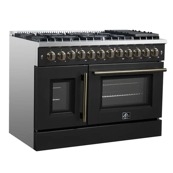 Left-angled view of the FORNO Galiano 48-Inch French Door Dual Fuel Range in Black, featuring stylish French doors, six brass-accented knobs, and a professional stainless-steel cooktop.