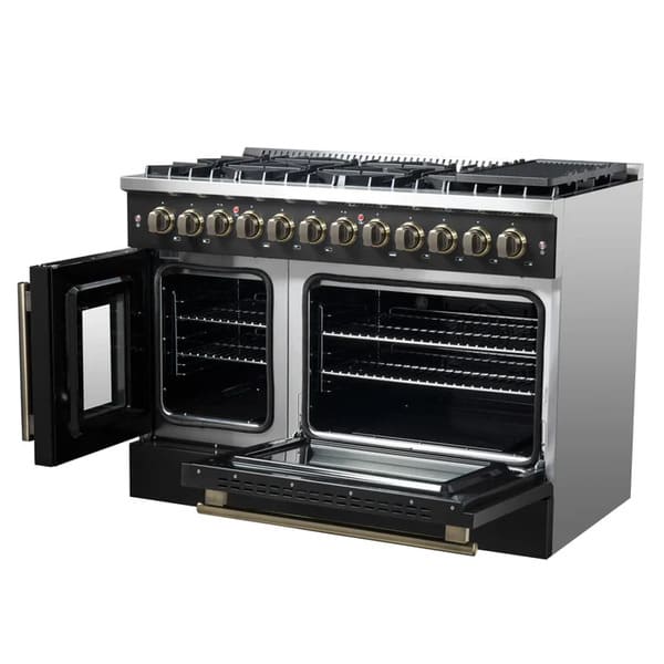 FORNO Galiano 48-Inch French Door Dual Fuel Range with 8 Burners and 6.58 Cu. Ft. Electric Convection Oven in Black/White with Antique Brass Trim