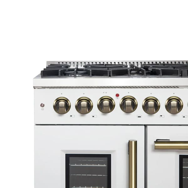 FORNO Galiano 48-Inch French Door Dual Fuel Range with 8 Burners and 6.58 Cu. Ft. Electric Convection Oven in Black/White with Antique Brass Trim