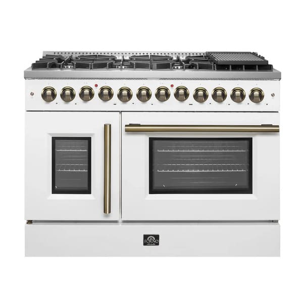 FORNO Galiano 48-Inch French Door Dual Fuel Range with 8 Burners and 6.58 Cu. Ft. Electric Convection Oven in Black/White with Antique Brass Trim