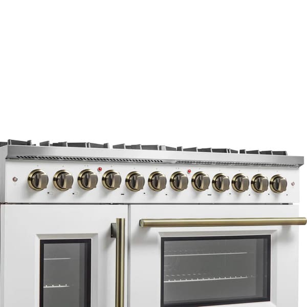 FORNO Galiano 48-Inch French Door Dual Fuel Range with 8 Burners and 6.58 Cu. Ft. Electric Convection Oven in Black/White with Antique Brass Trim