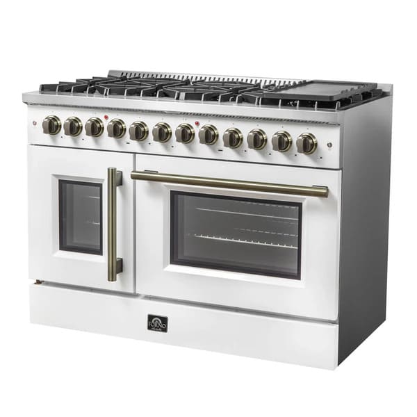 FORNO Galiano 48-Inch French Door Dual Fuel Range with 8 Burners and 6.58 Cu. Ft. Electric Convection Oven in Black/White with Antique Brass Trim