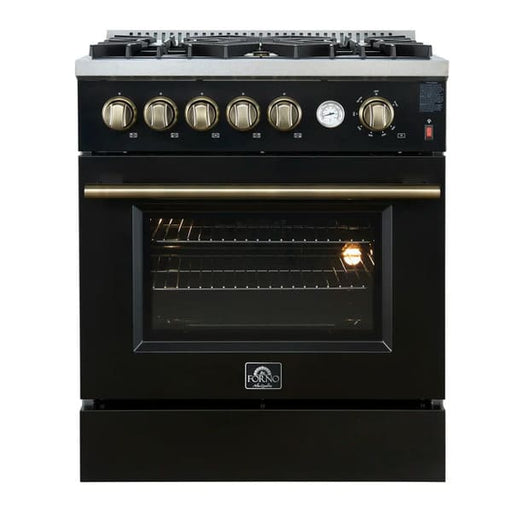 Front view of the FORNO Giovanni 30-Inch Gas Range in black, featuring a matte finish, four brass burners, heavy-duty control knobs, and a spacious single oven with stainless steel trim.