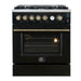 Front view of the FORNO Giovanni 30-Inch Gas Range in black, featuring a matte finish, four brass burners, heavy-duty control knobs, and a spacious single oven with stainless steel trim.