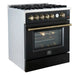 Left-angled front view of the FORNO Giovanni 30-Inch Gas Range in black, showcasing four brass burners, a sleek matte finish, and a large-capacity oven with professional-style knobs.