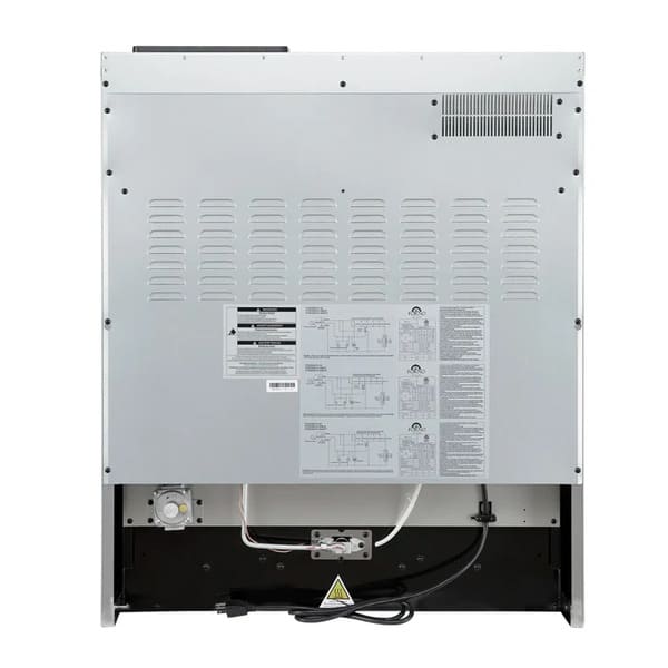 Rear view of the FORNO Giovanni 30-Inch Gas Range in white, showing utility connections, ventilation openings, and a flat-back design for easy kitchen installation.