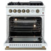Front view of the FORNO Giovanni 30-Inch Gas Range in white with the oven door open, displaying the vibrant blue enamel interior, multiple oven racks, and convection fan for even heat distribution.