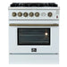 Front view of the FORNO Giovanni 30-Inch Gas Range in white, featuring a clean matte finish, four brass burners, heavy-duty control knobs, and a spacious oven with stainless steel handle.