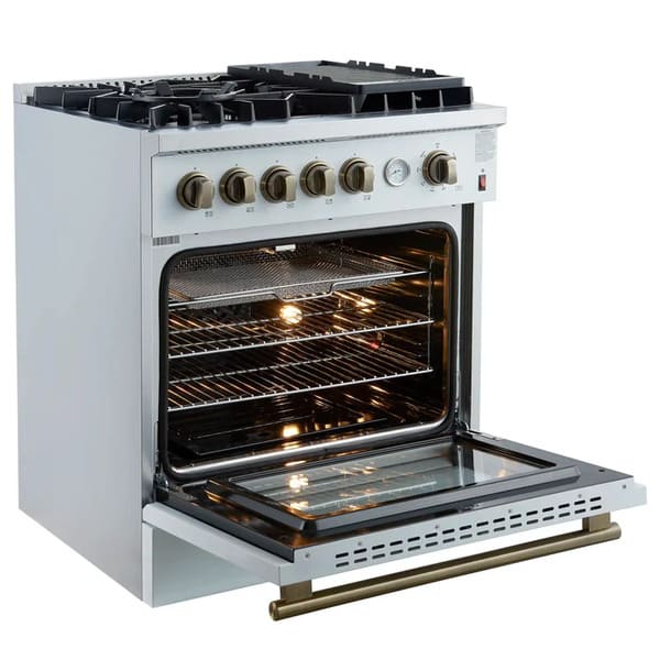 Left-angled view of the FORNO Giovanni 30-Inch Gas Range in white with the oven door open, revealing a blue enamel interior, convection fan, and heavy-duty racks for flexible cooking.