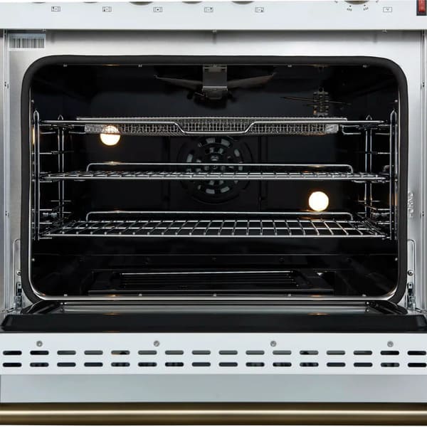 Interior view of the FORNO Giovanni 30-Inch Gas Range in white, showcasing a blue enamel oven cavity, convection fan, and adjustable heavy-duty oven racks for multi-level cooking.