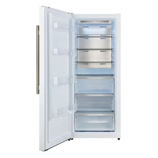 Front-facing view of FORNO Maderno 28-Inch Built-In 13.6 Cu. Ft. Convertible Refrigerator in white with left-swing door open, highlighting clean interior layout, adjustable shelving, and minimalist design.