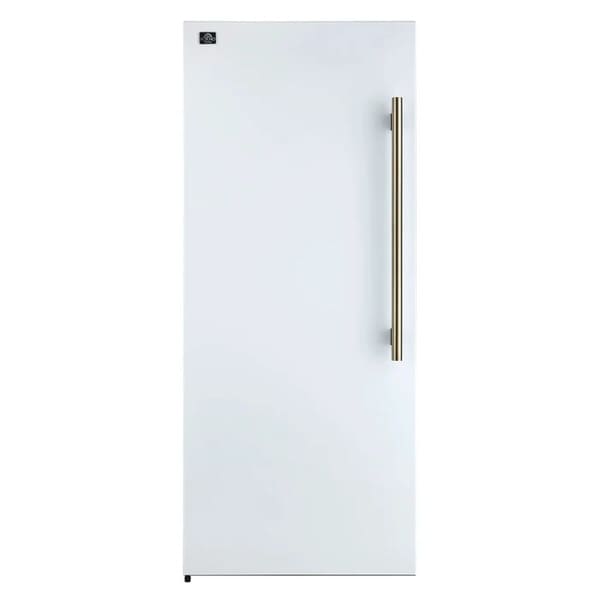 Front view of FORNO Maderno 28-Inch Built-In 13.6 Cu. Ft. Convertible Refrigerator in white with left-swing door, showcasing a clean, integrated design and flush panel installation.