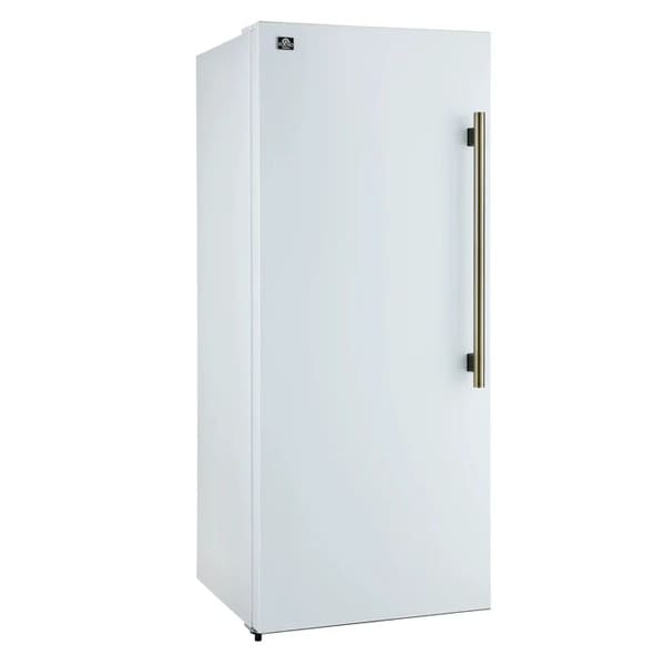 Left-angled front view of FORNO Maderno 28-Inch Built-In 13.6 Cu. Ft. Convertible Refrigerator in white with left-swing door closed, featuring a seamless panel-ready design and antique brass handle.