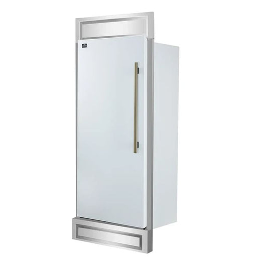 Right-angled front view of FORNO Maderno 28-Inch Built-In 13.6 Cu. Ft. Convertible Refrigerator in white with left-swing door, showcasing sleek integrated design and panel-ready finish.