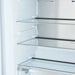 Close-up view of interior glass shelves in the FORNO Maderno 28-Inch Built-In 13.6 Cu. Ft. Convertible Refrigerator in white with left-swing door, showcasing adjustable, spill-resistant shelving and sleek design.