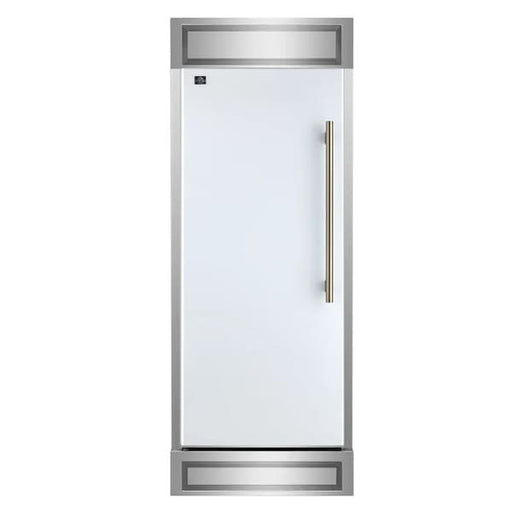 Front view of FORNO Maderno 28-Inch Built-In 13.6 Cu. Ft. Convertible Refrigerator in white with left-swing door hinge, featuring a minimalist design and flush cabinet installation.