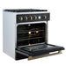 Left-angled view of the FORNO Marco 30-Inch Gas Range in black with the oven door open, revealing a spacious blue enamel interior, convection fan, and chrome oven racks for efficient cooking.
