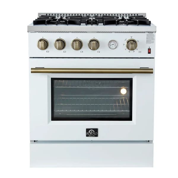 Front view of the FORNO Marco 30-Inch Gas Range in white, featuring four sealed burners, a wide oven window, and a matte white finish with stainless steel accents for a clean, modern look.