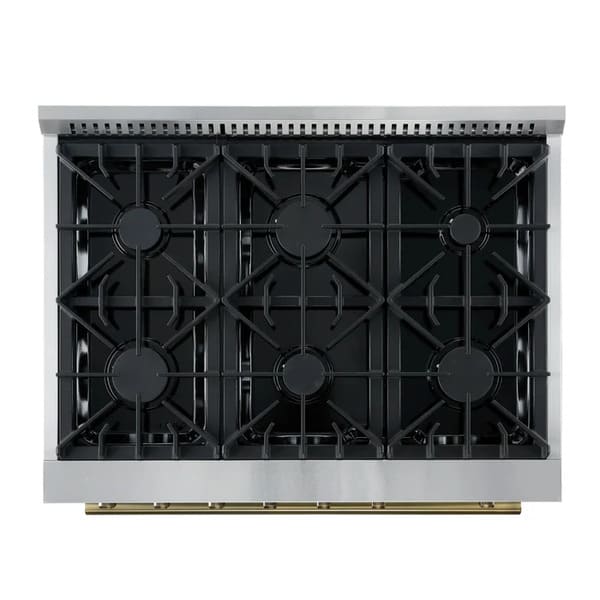 Top-down view of the FORNO Marco 36-Inch Gas Range in black, highlighting six sealed brass burners, continuous cast iron grates, and a matte black cooktop surface designed for professional-grade performance.