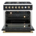 Front view of the FORNO Marco 36-Inch Gas Range in black with the oven door open, showcasing the spacious blue enamel interior, convection fan, and adjustable heavy-duty oven racks.