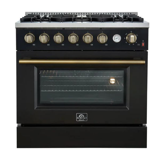 Front view of the FORNO Marco 36-Inch Gas Range in black, featuring six sealed burners, a spacious oven with a large viewing window, and a sleek matte black finish with stainless steel accents.
